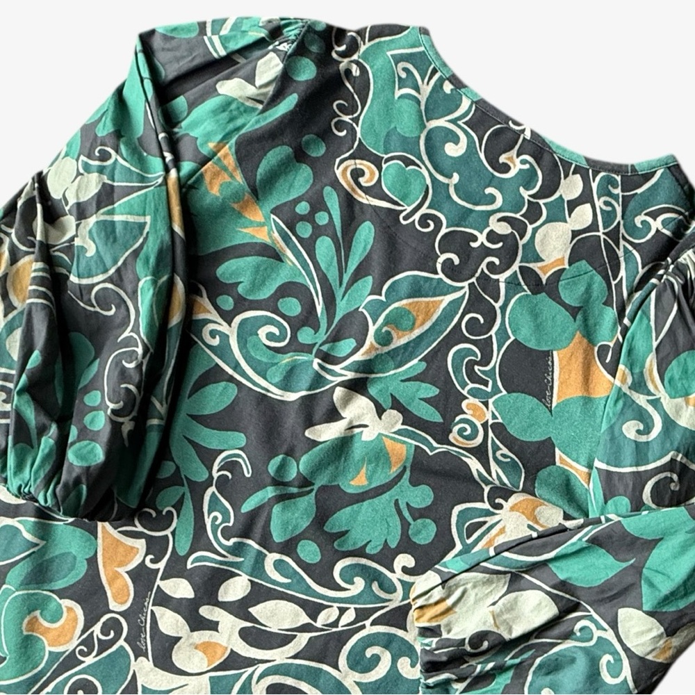 CHICO'S FLORAL JERSEY KNIT TOP GREEN BOHO WESTERN 3/4 BALLOON SLEEVE LARGE - Picture 4 of 5